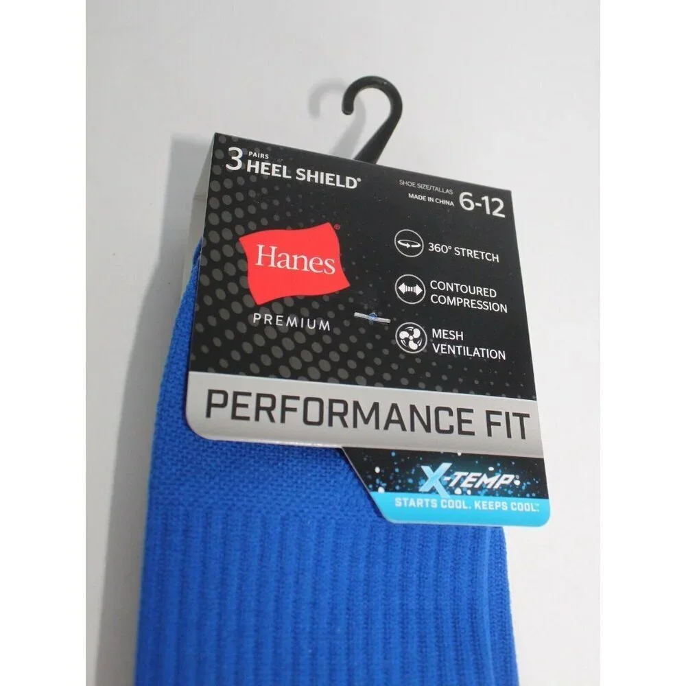 Hanes Premium Men's Socks Heel Shield Performance Fit X-Temp 3-Pr Size 6-12 Blue